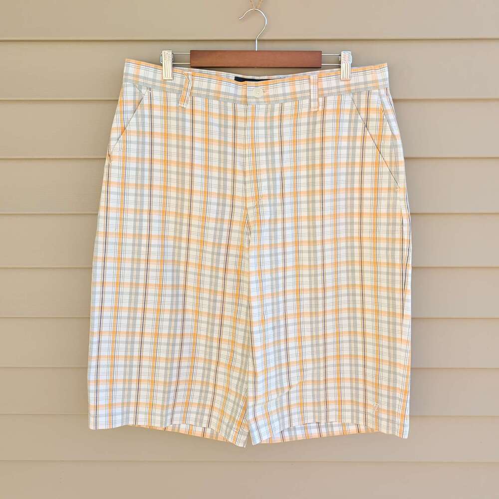 Phat Farm Plaid Shorts Mens 36 Orange Gray Bermuda Golf Y2K